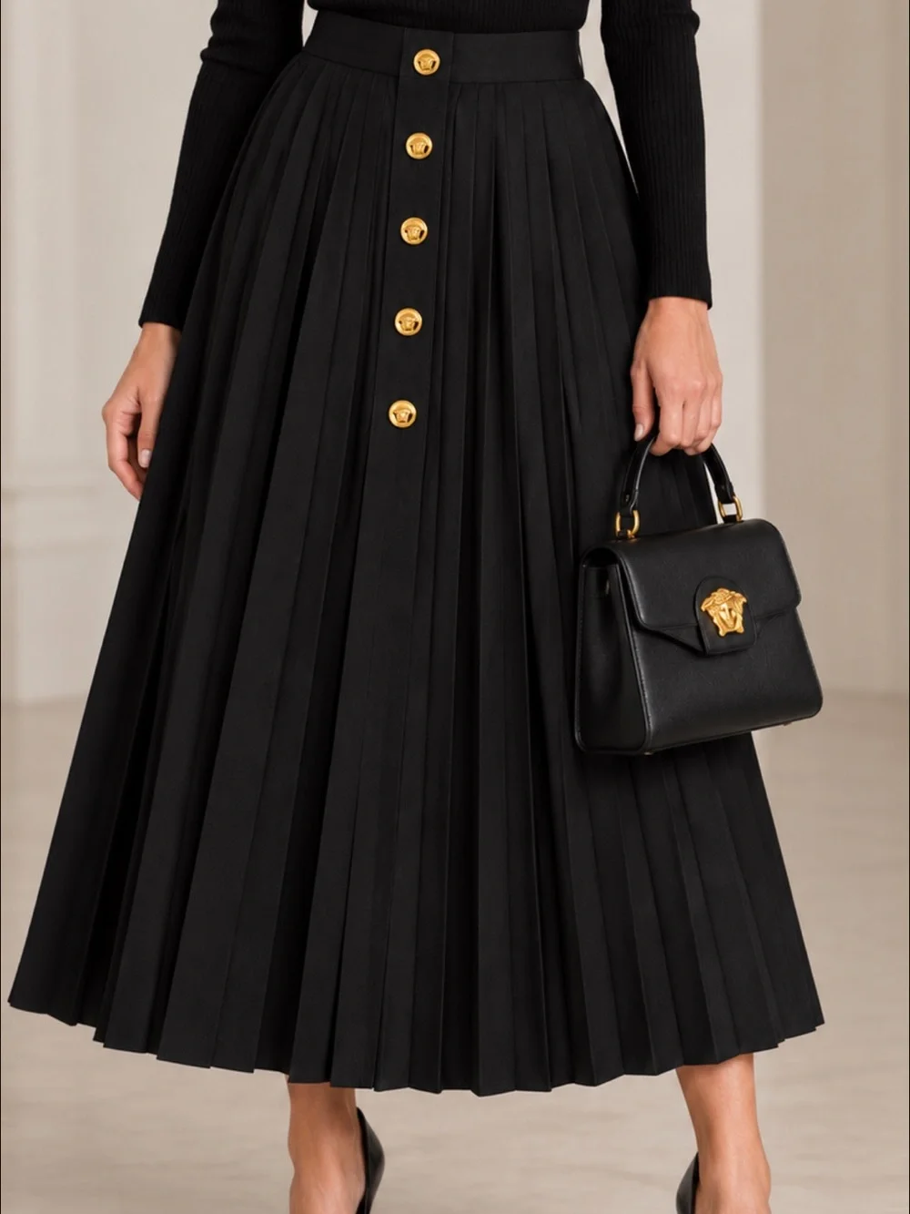 Versace Black Midi Pleated Skirt with Gold Buttons